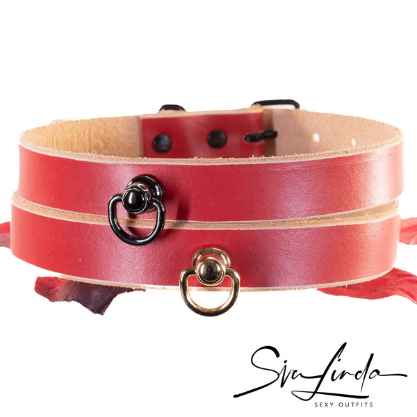 SiaLinda: Halsband Rot Natur, mit O-Ring in gold oder schwarz, Rindsleder, pflanzlich gegerbt - SiaLinda.com
